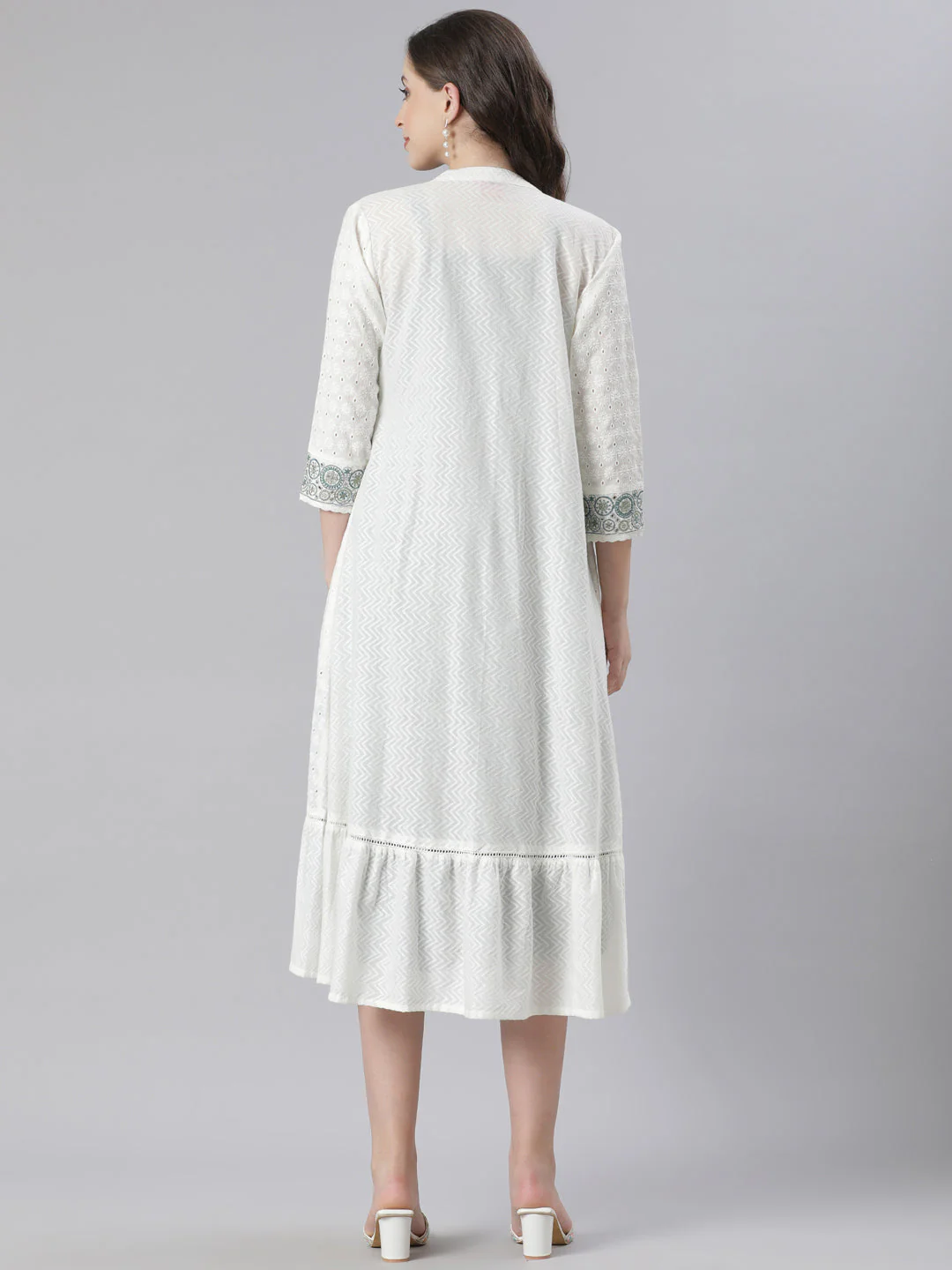 Neerus White Anarkali Casual Printed Kurta With Jacket - Image 6