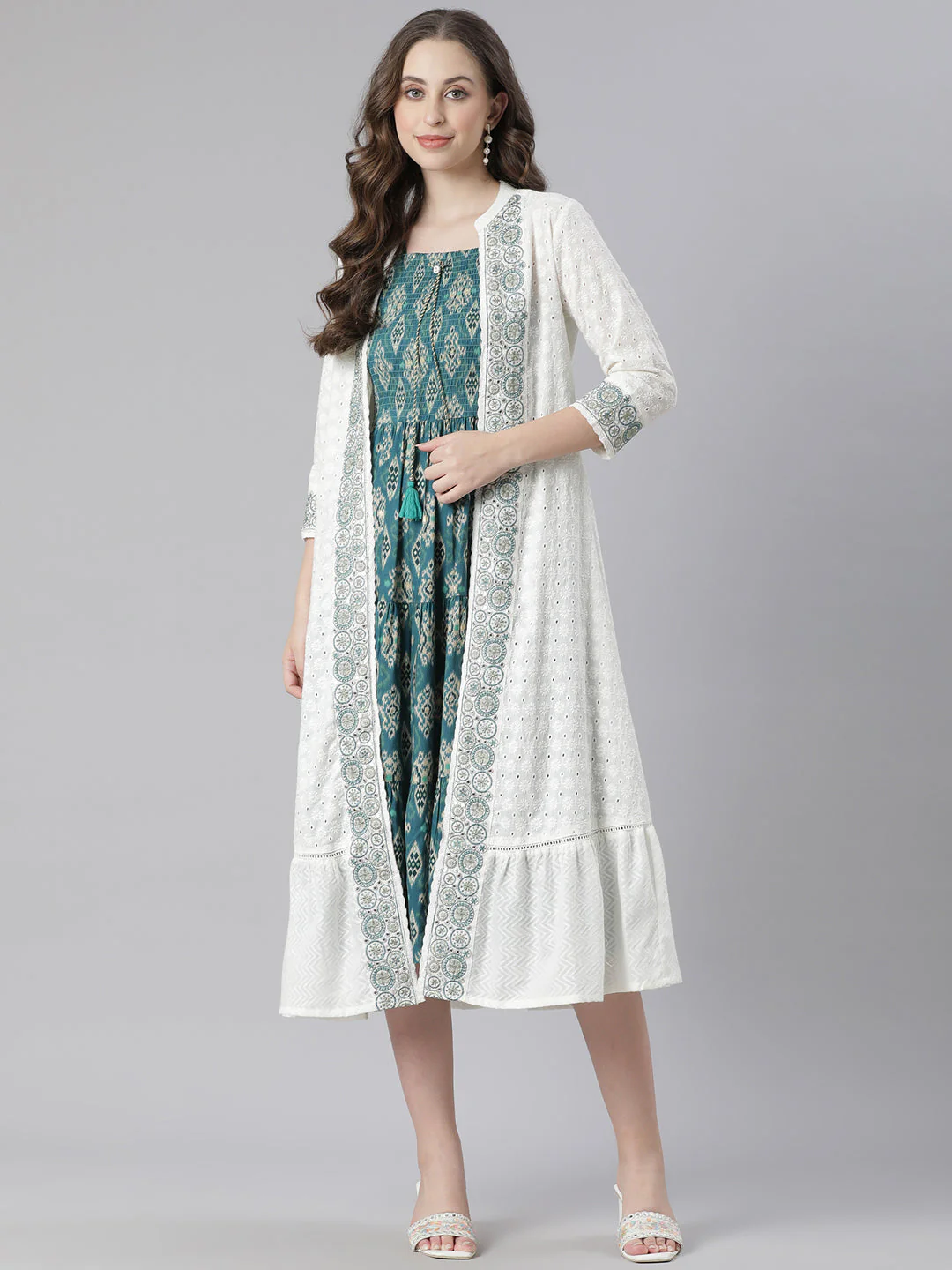 Neerus White Anarkali Casual Printed Kurta With Jacket - Image 7