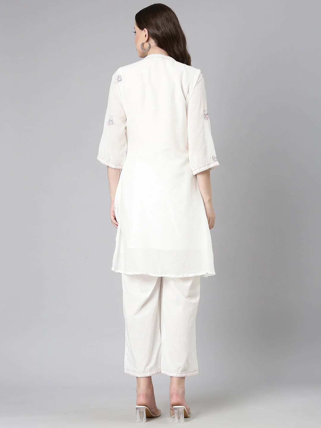 Neerus White Printed A-Line Kurta and Trousers - Image 3