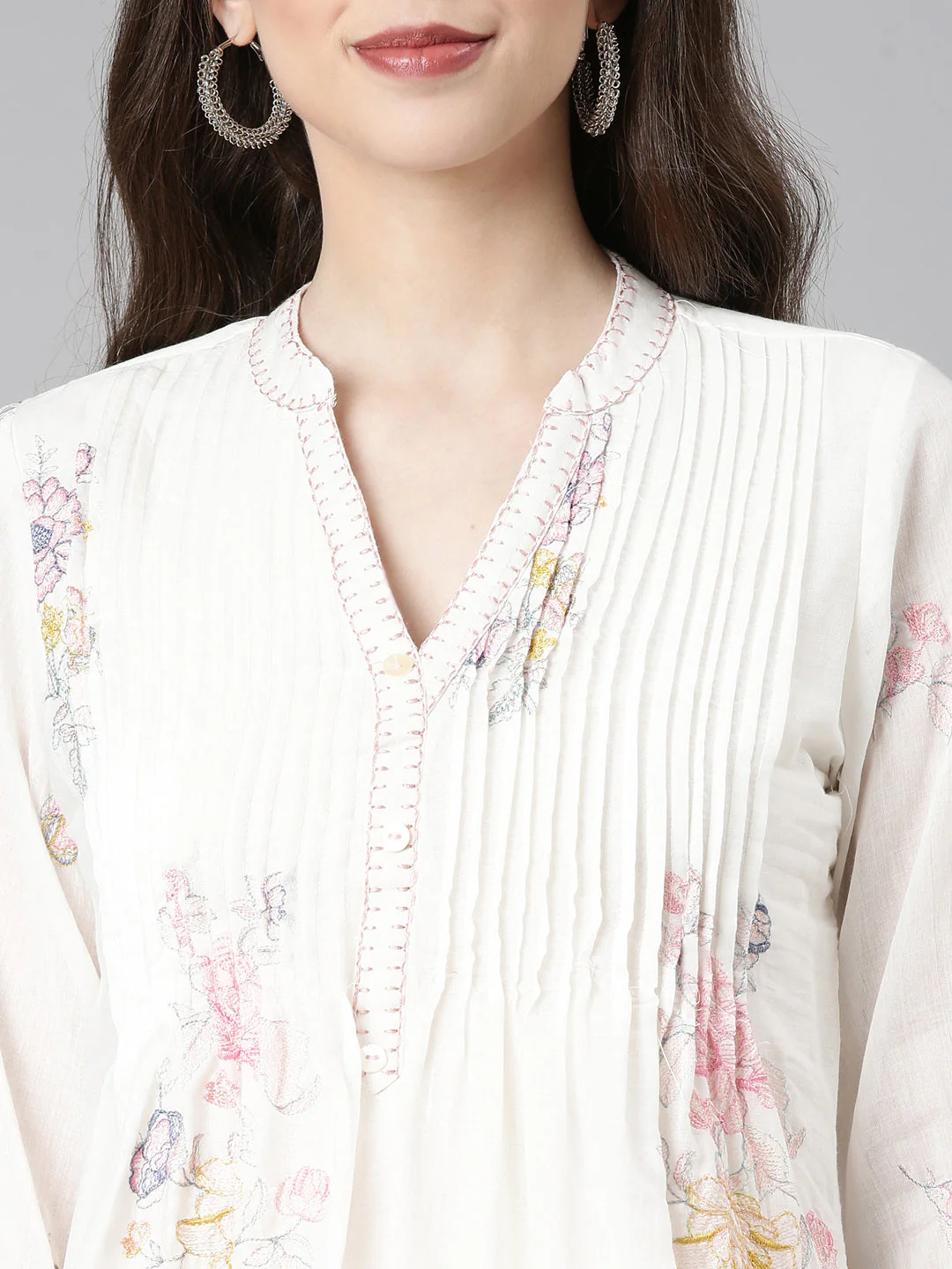 Neerus White Printed A-Line Kurta and Trousers - Image 4