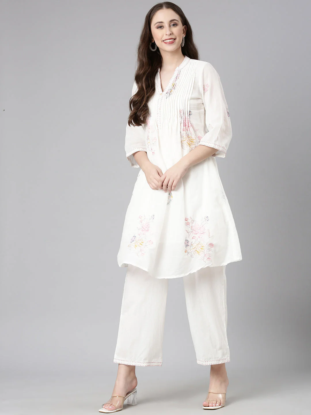 Neerus White Printed A-Line Kurta and Trousers - Image 5