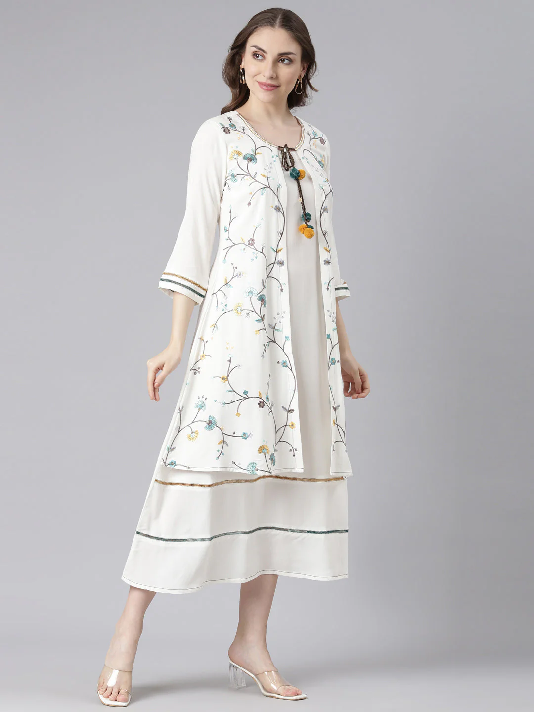 Neerus White Rayon Curved Casual Floral Anarkali Kurta - Image 3