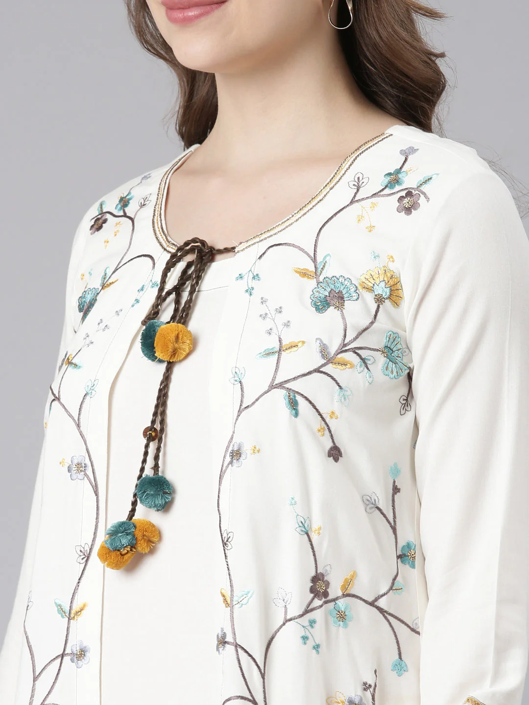 Neerus White Rayon Curved Casual Floral Anarkali Kurta - Image 5