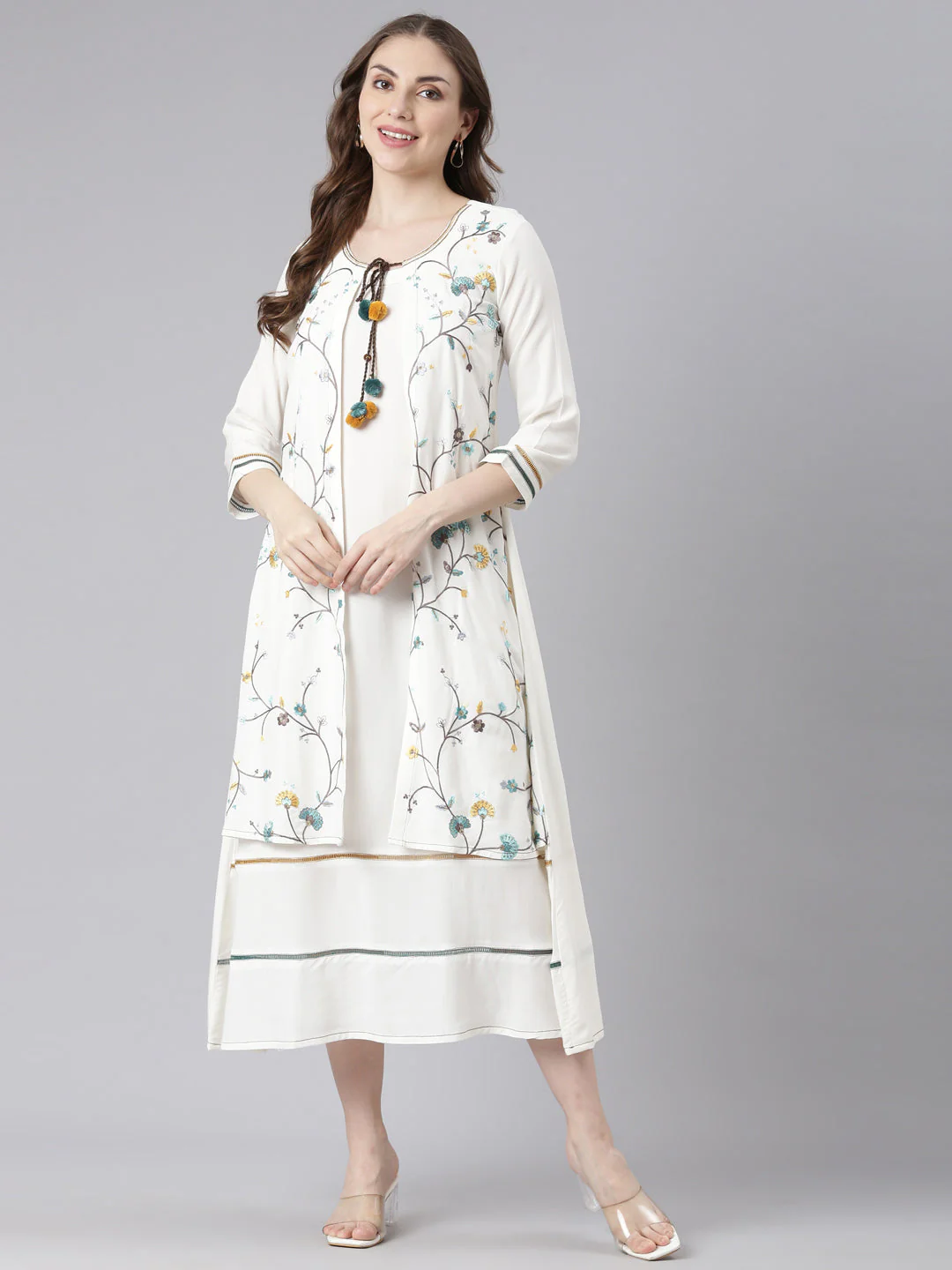 Neerus White Rayon Curved Casual Floral Anarkali Kurta - Image 6