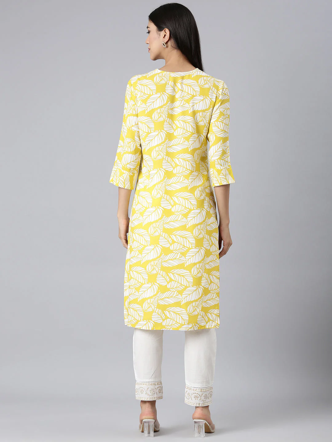 Neerus Yellow Casual Floral Straight Kurta - Image 3