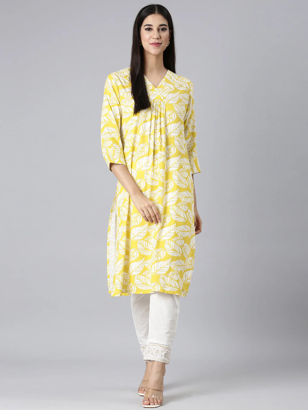 Neerus Yellow Casual Floral Straight Kurta - Image 5