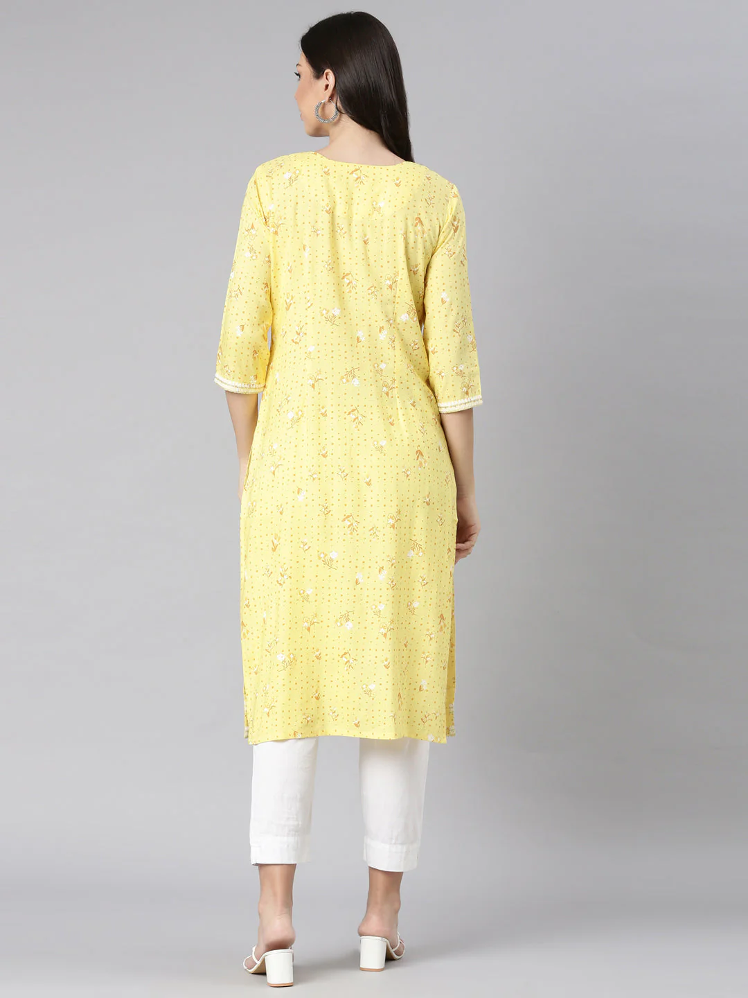 Neerus Yellow Casual Floral Straight Kurta - Image 3