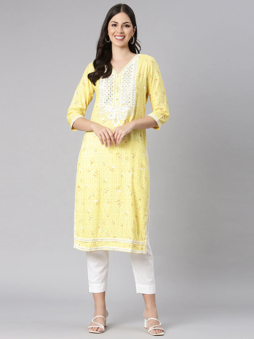 Neerus Yellow Casual Floral Straight Kurta - Image 5
