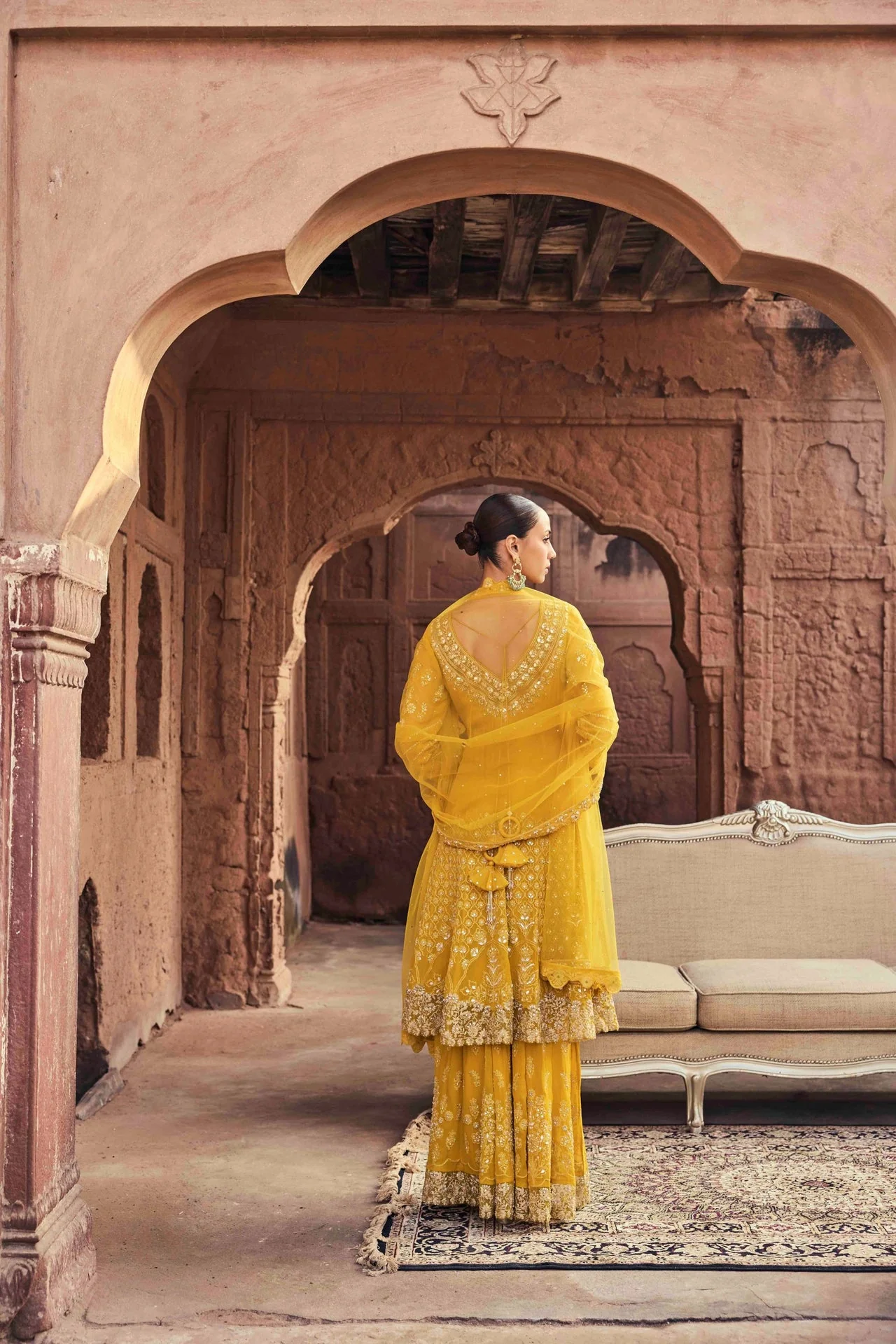 Neerus Yellow Embroidery Georgette Fabric Kurta and Palazzo with Dupatta - Image 3