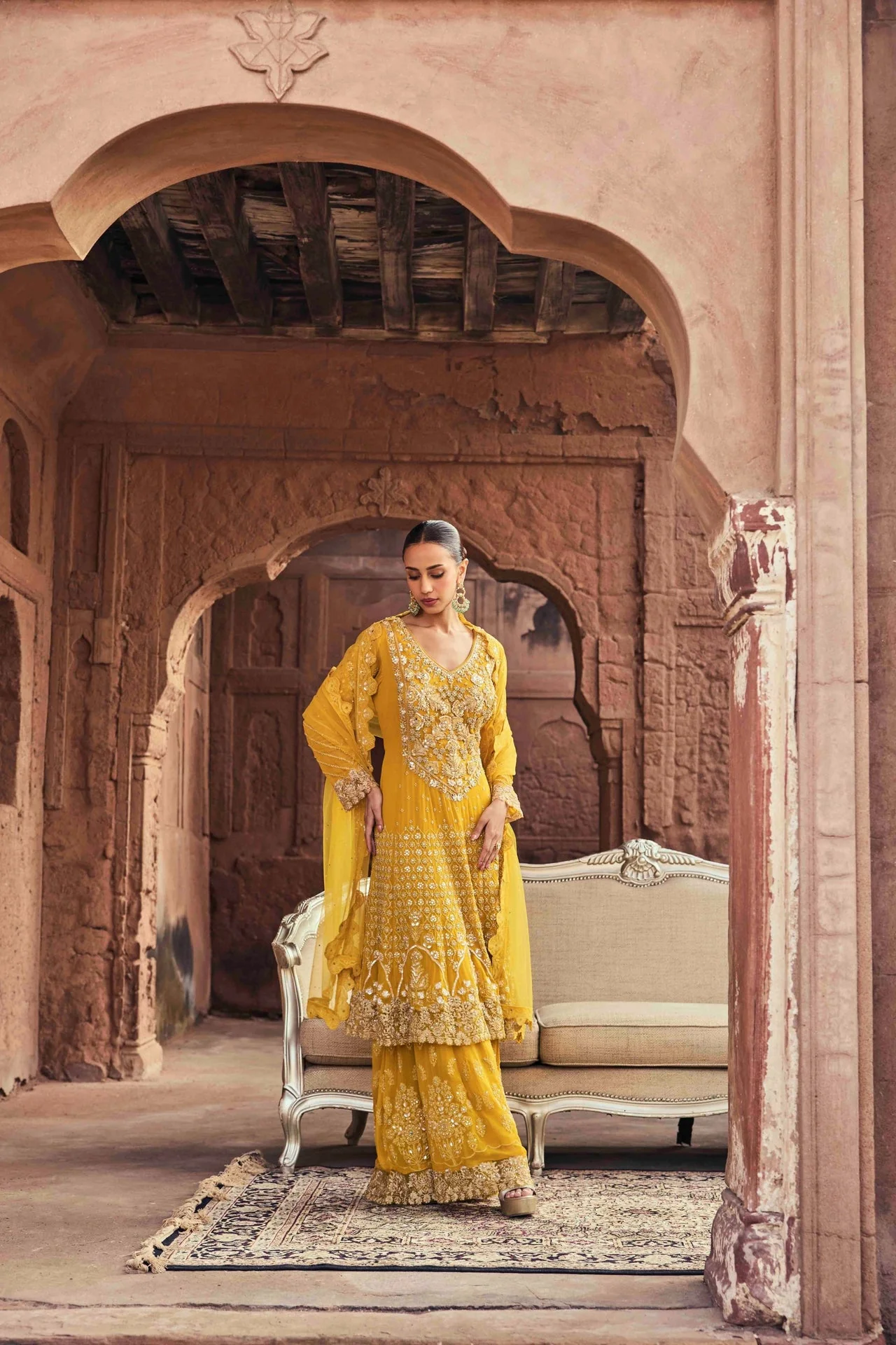 Neerus Yellow Embroidery Georgette Fabric Kurta and Palazzo with Dupatta - Image 4