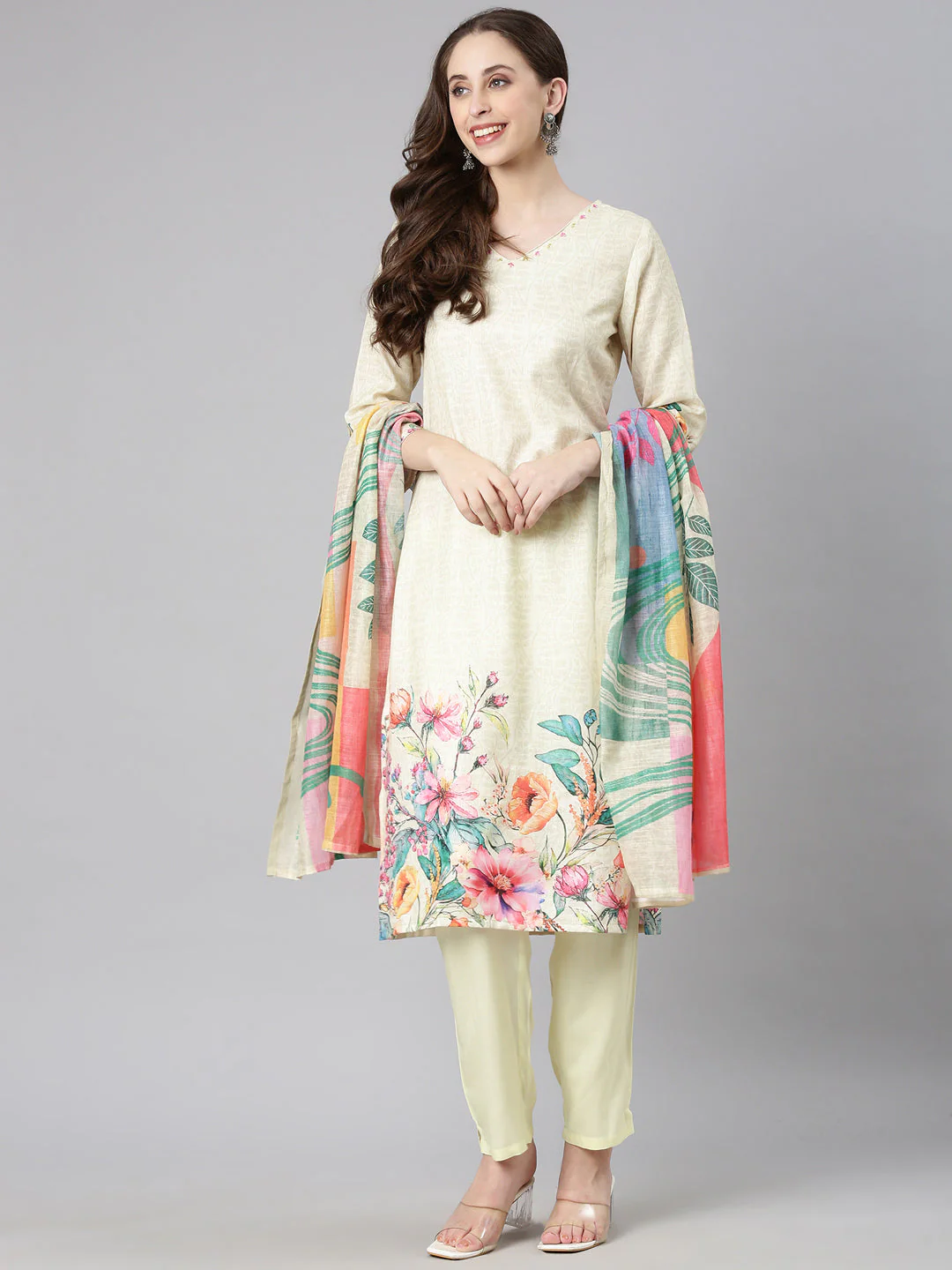 Neerus Yellow Printed Straight Kurta and Trousers With Dupatta - Image 3