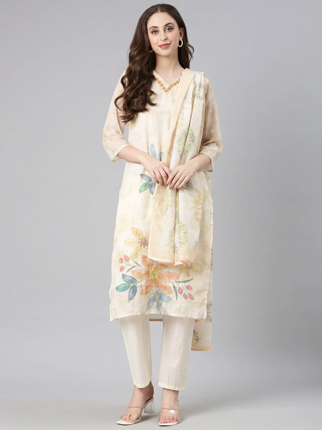 Neerus Yellow Printed Straight Kurta and Trousers With Dupatta - Image 5