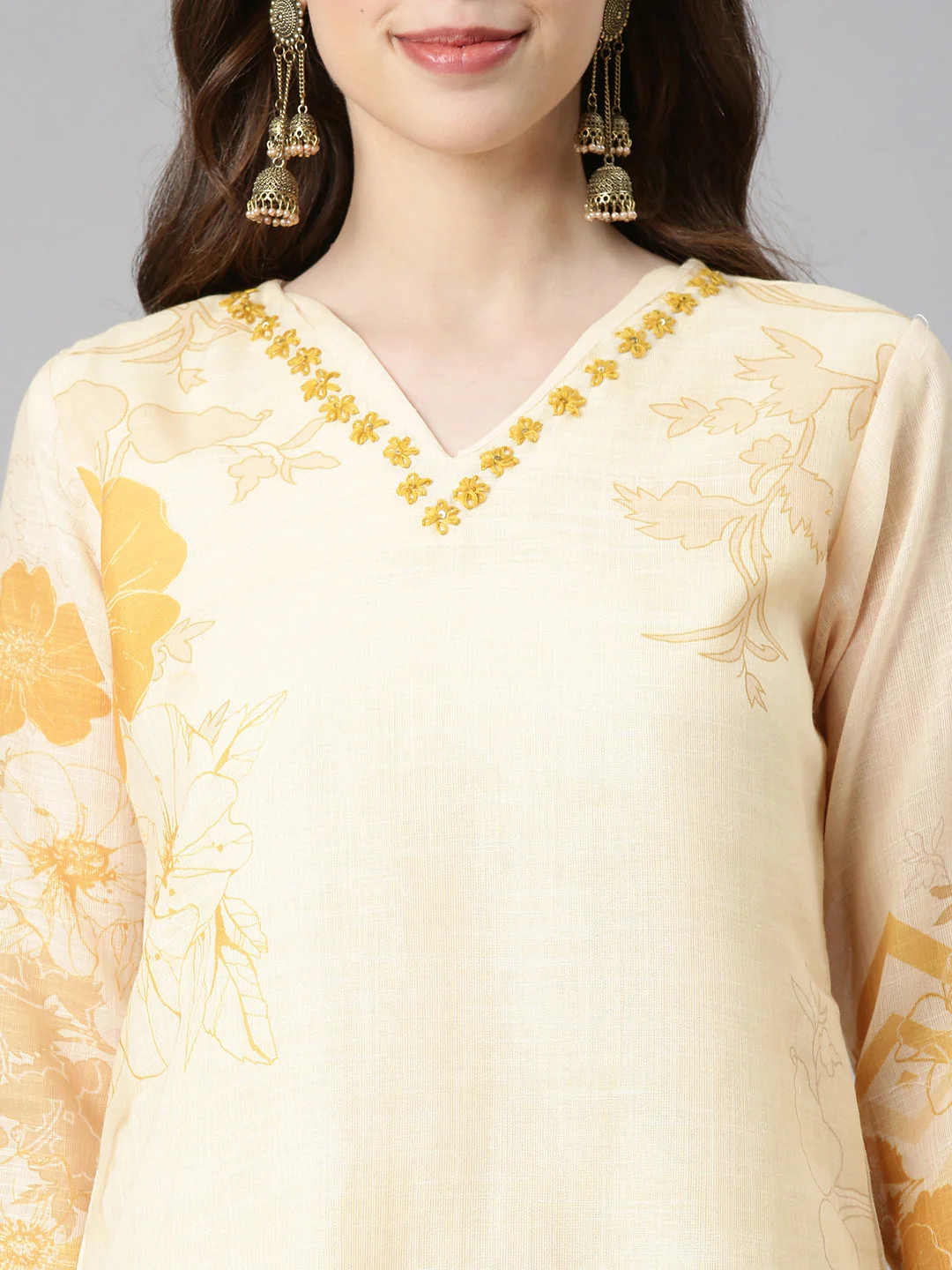 Neerus Yellow Printed Straight Kurta and Trousers With Dupatta - Image 4