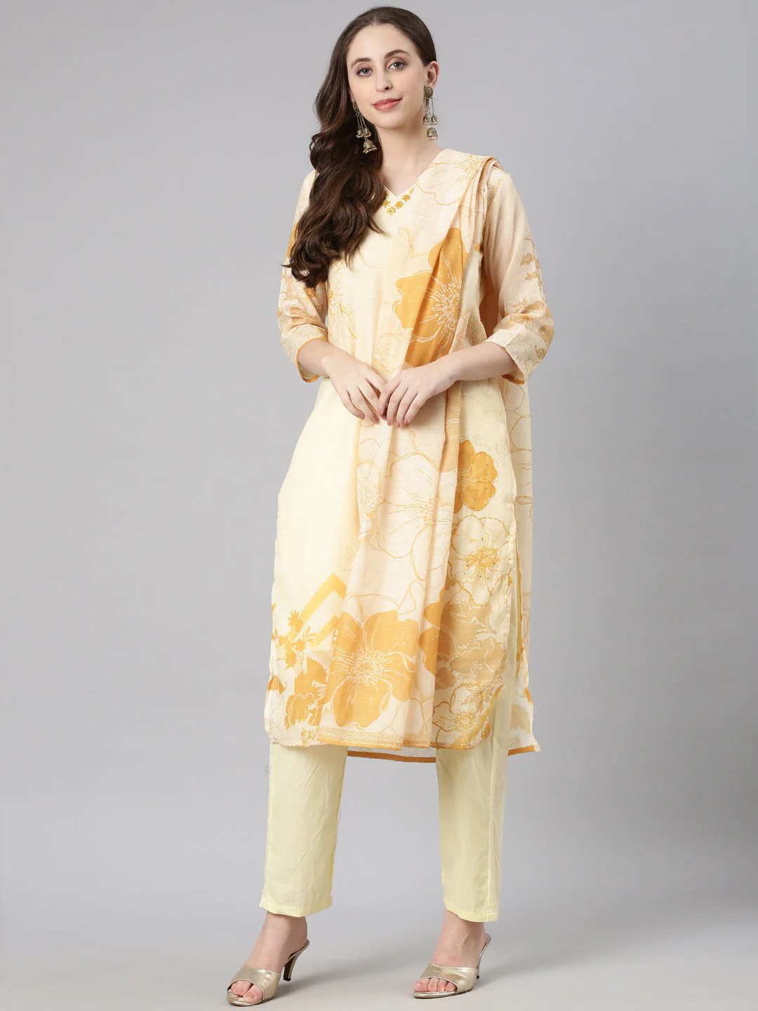 Neerus Yellow Printed Straight Kurta and Trousers With Dupatta - Image 5