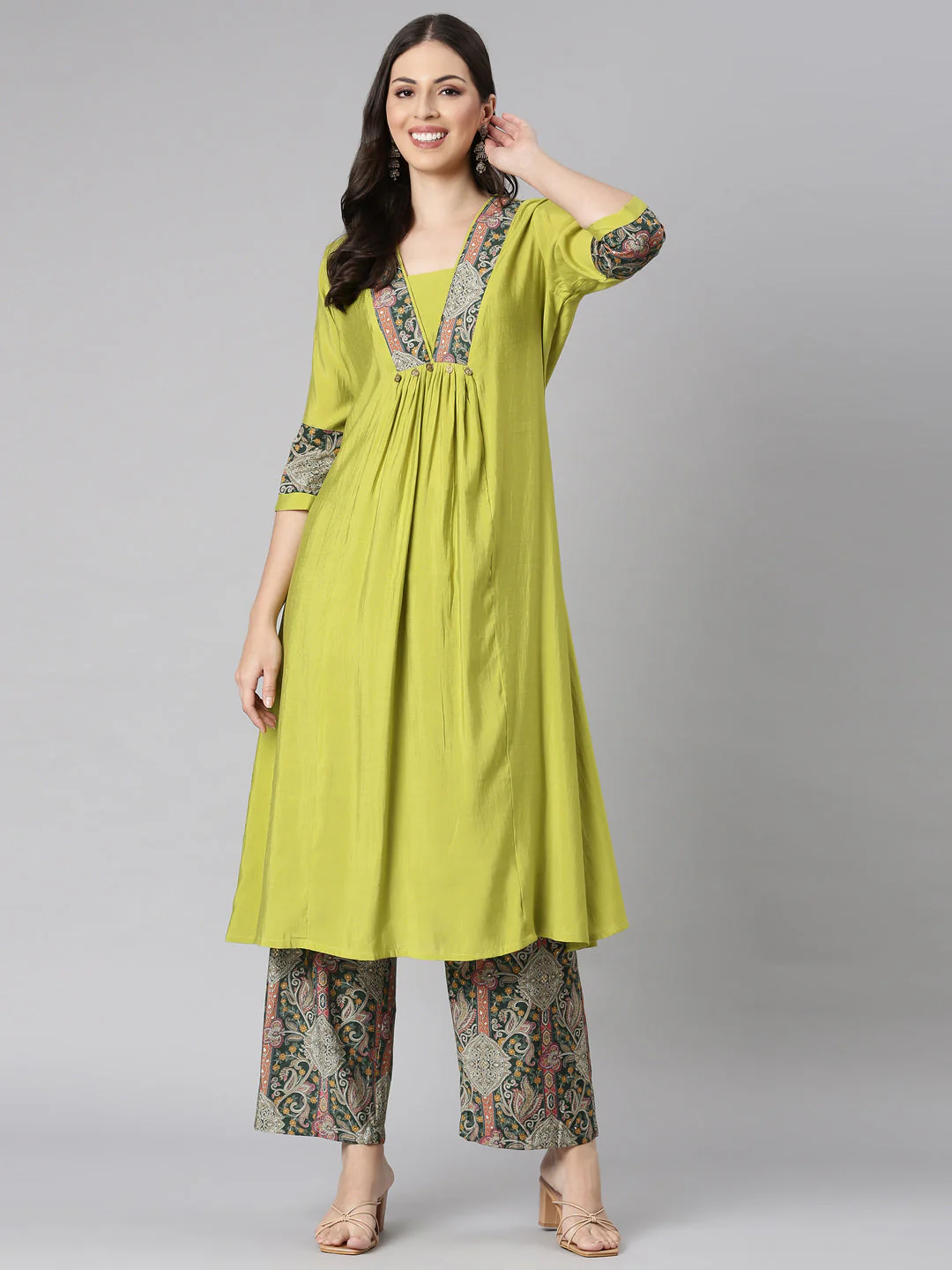 Neerus Yellow Solid Straight Kurta and Palazzos - Image 5