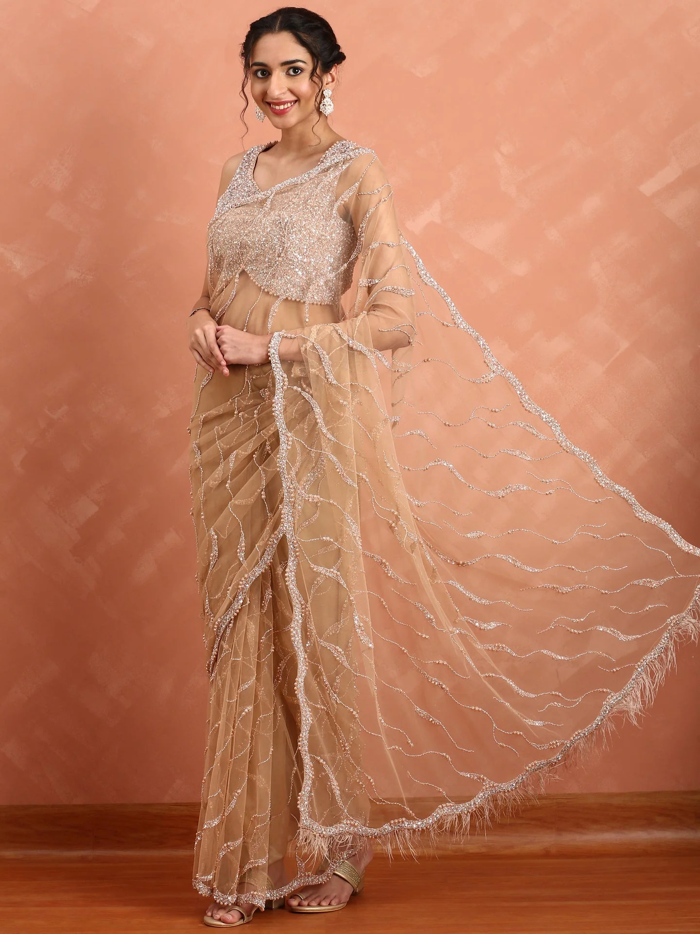 Onion pink net saree with pearl & cut Dana hand embroidery with Swarovski blouse - Image 4