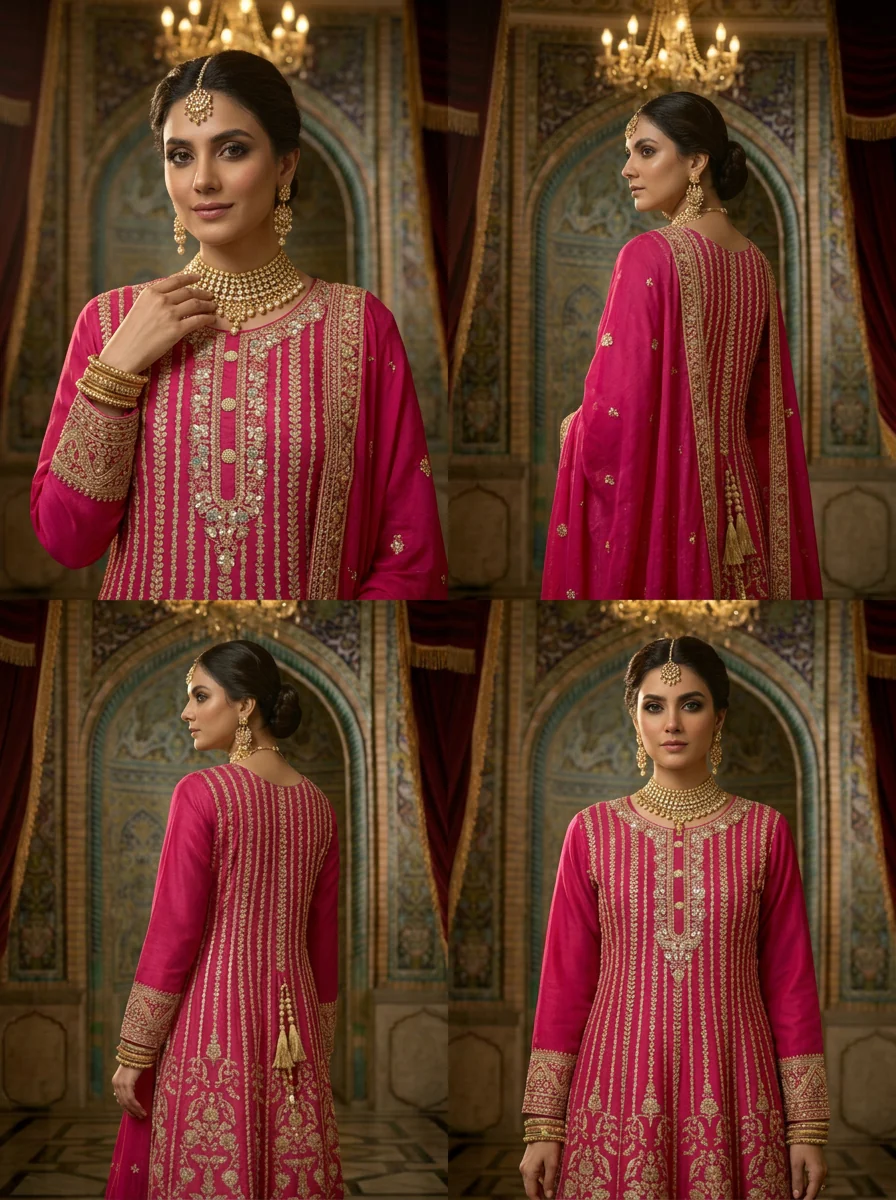 Pink Chinon Heavy Embroidery Sharara Set With Dupatta - Image 3