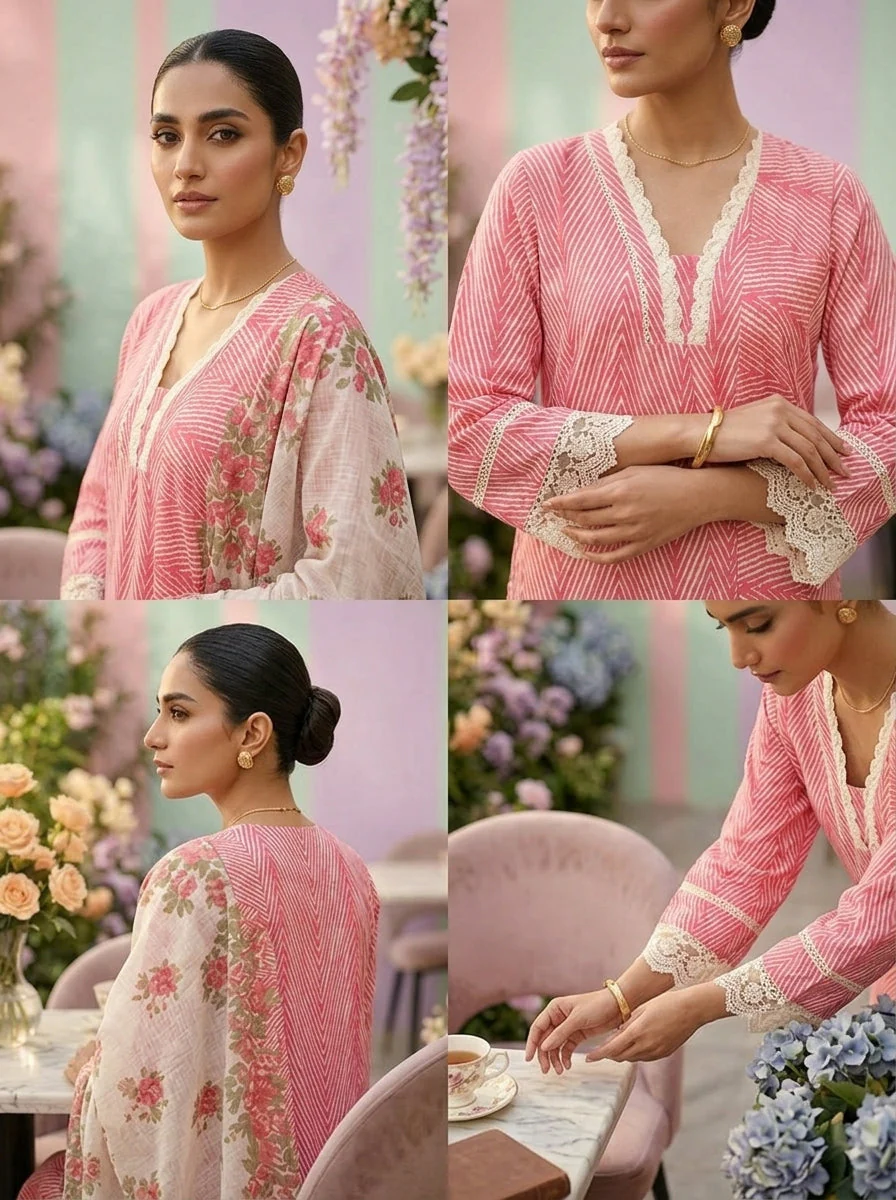 Pink Cotton Striped Printed Three Piece Set - Image 3