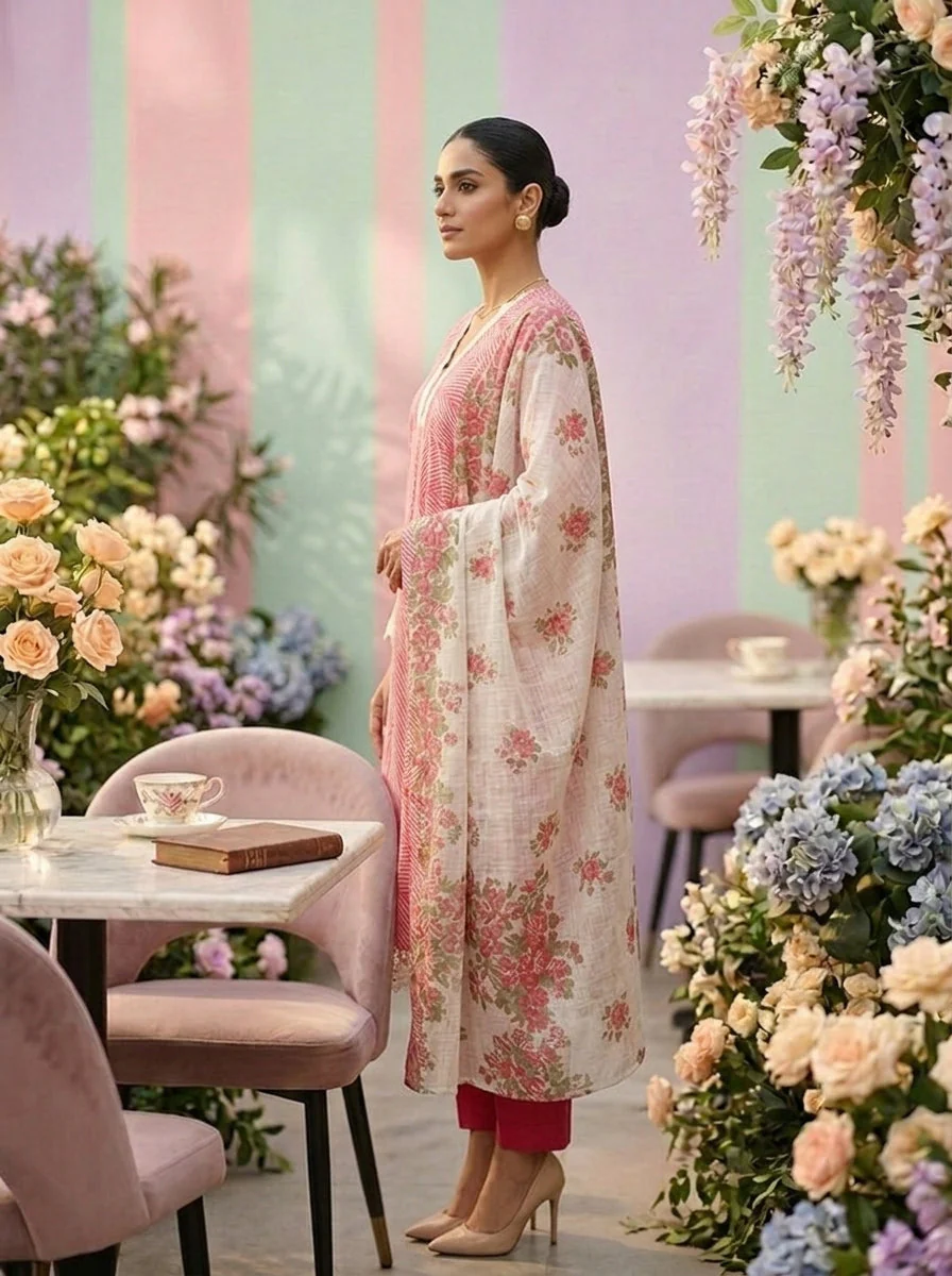 Pink Cotton Striped Printed Three Piece Set - Image 4