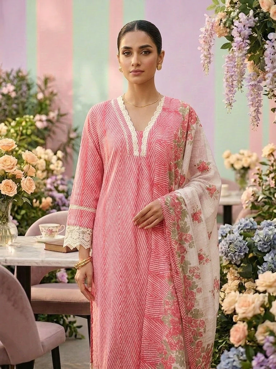 Pink Cotton Striped Printed Three Piece Set - Image 5