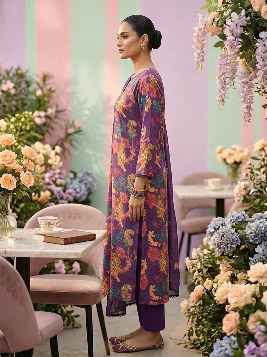 Purple Cotton Floral Printed Three Piece Set - Image 3