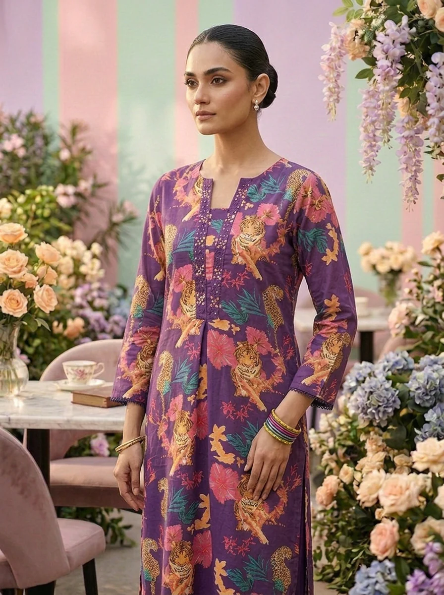 Purple Cotton Floral Printed Three Piece Set - Image 4