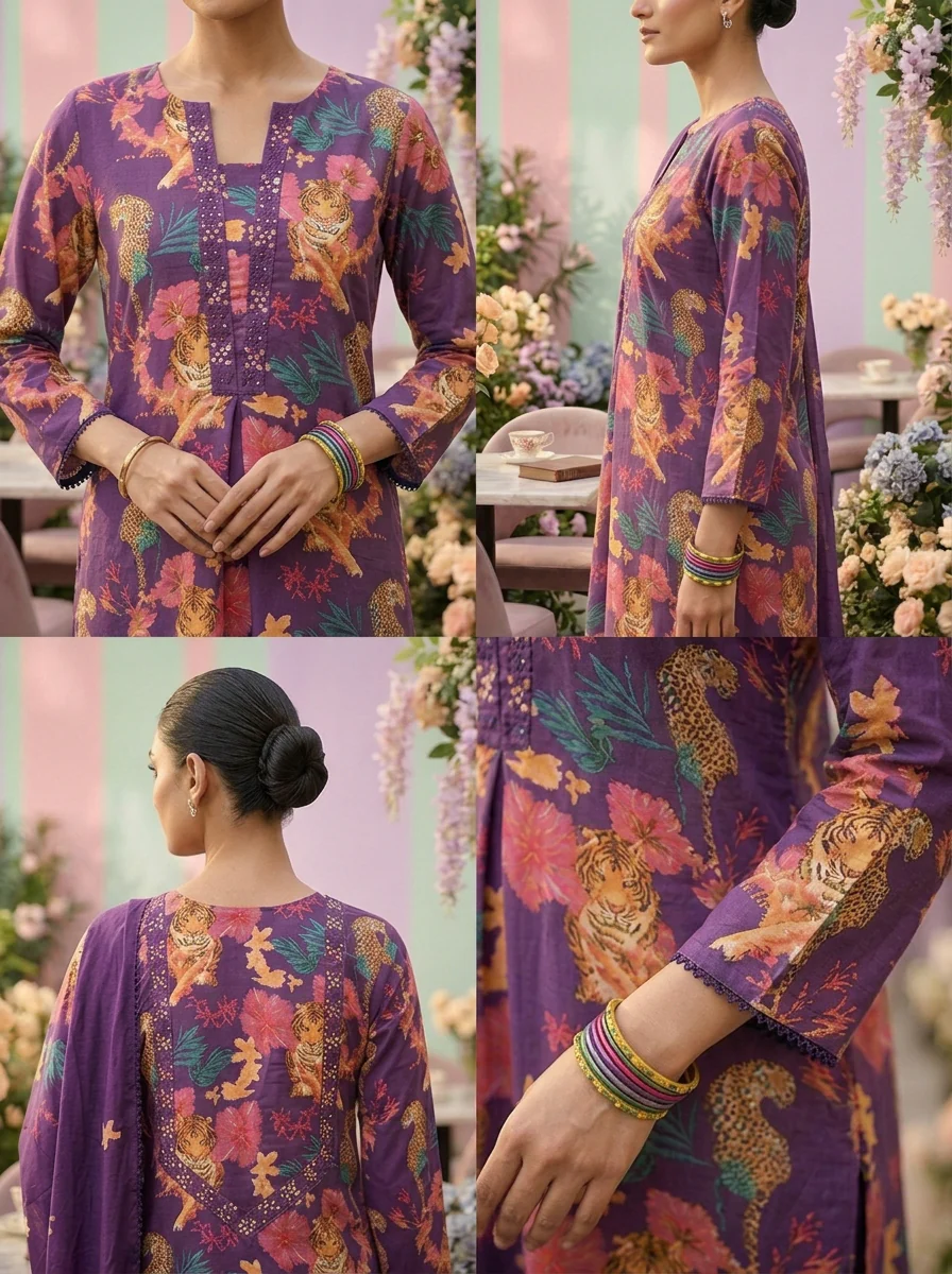 Purple Cotton Floral Printed Three Piece Set - Image 5