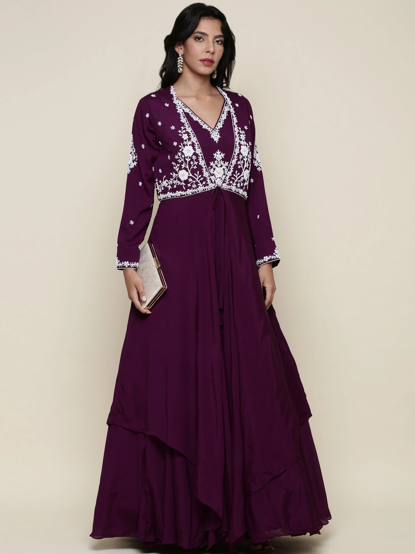 Purple georgette pearl embroidery jacket anarkali set - Image 5