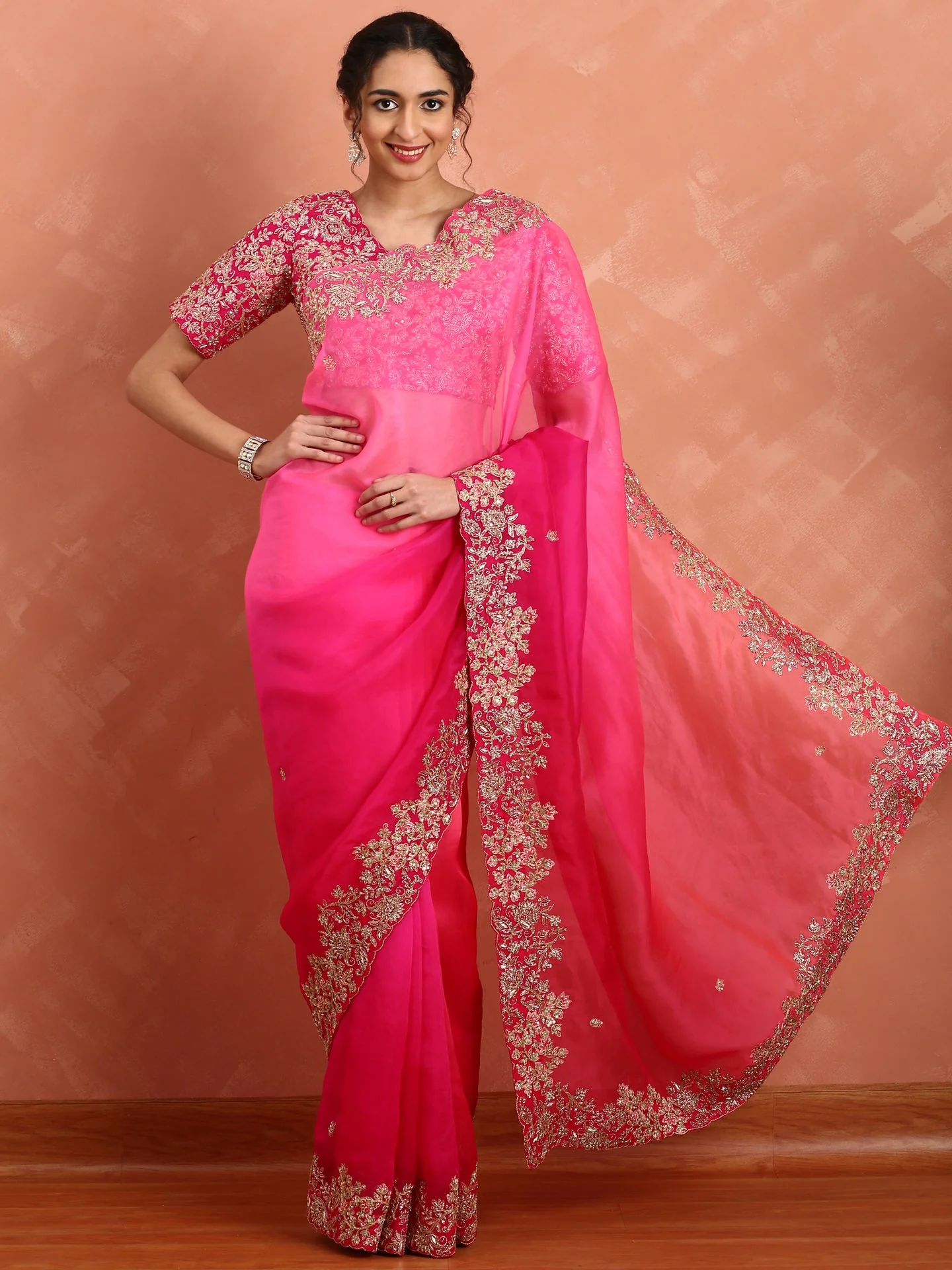 Rani pink pure organza saree with heavy blouse with pearl and cut dana embroidery - Image 4