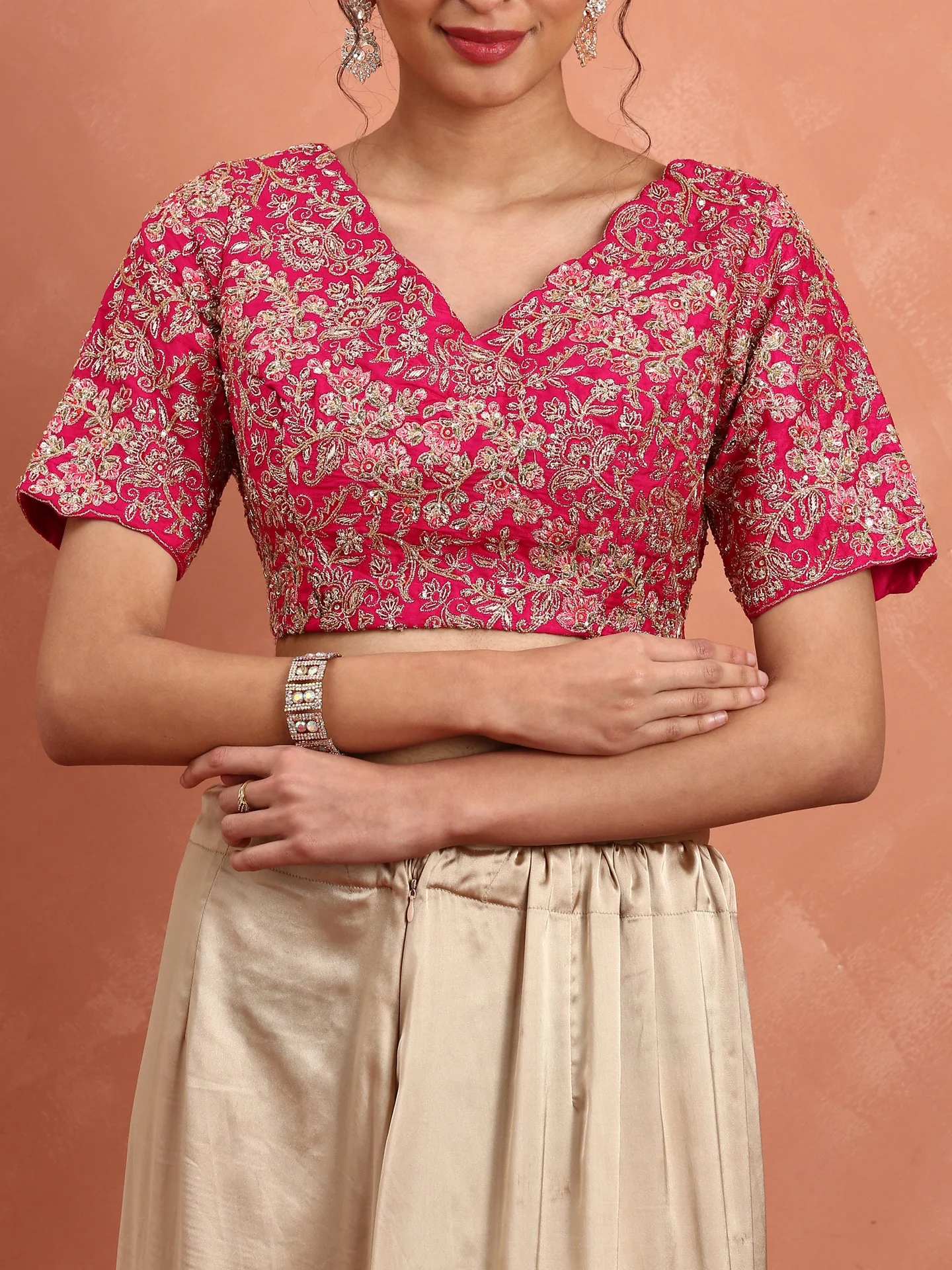 Rani pink pure organza saree with heavy blouse with pearl and cut dana embroidery - Image 6