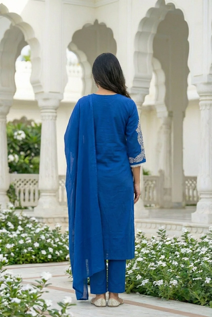 Royal Blue Cotton Embroidery Three Piece Set - Image 3