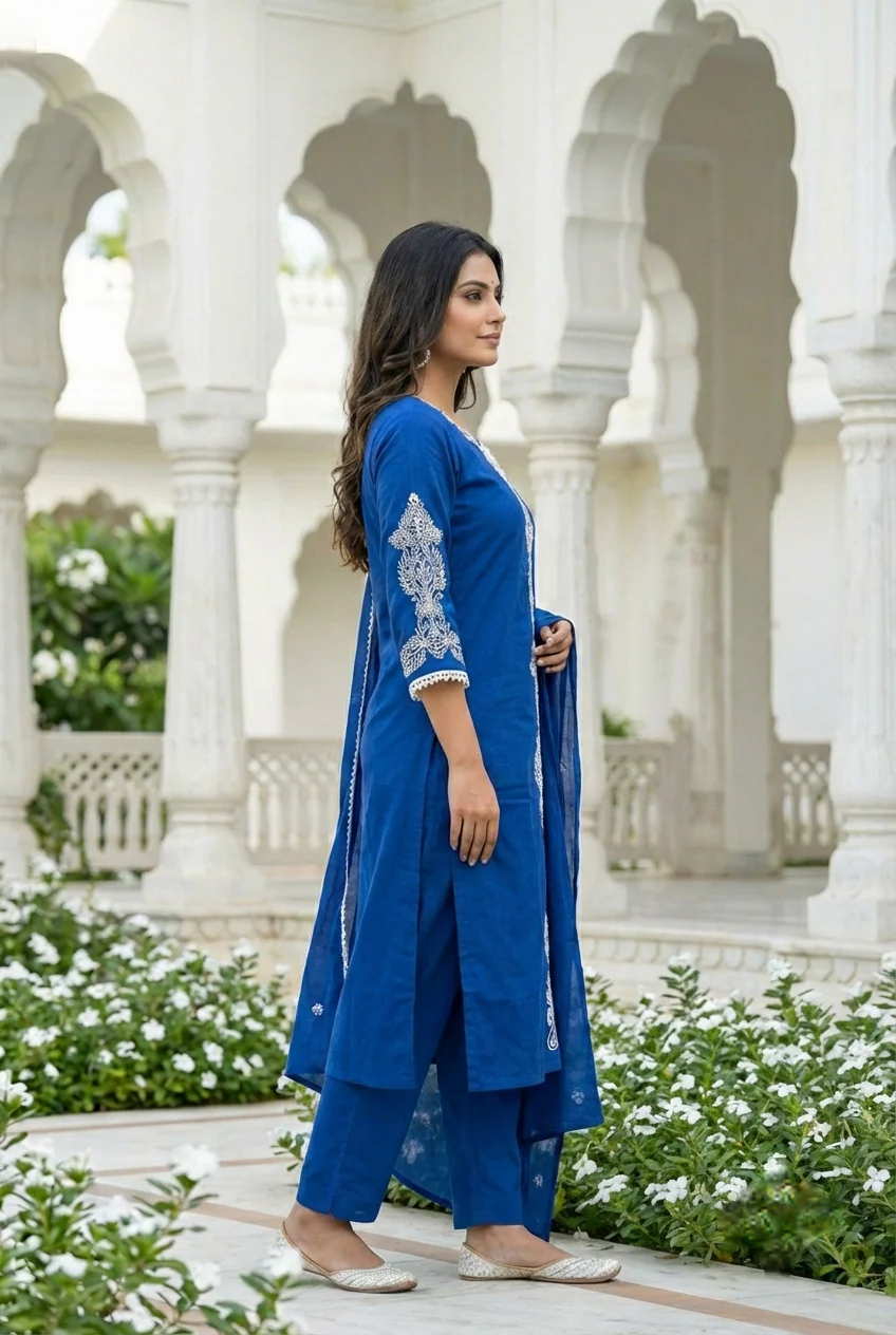 Royal Blue Cotton Embroidery Three Piece Set - Image 4