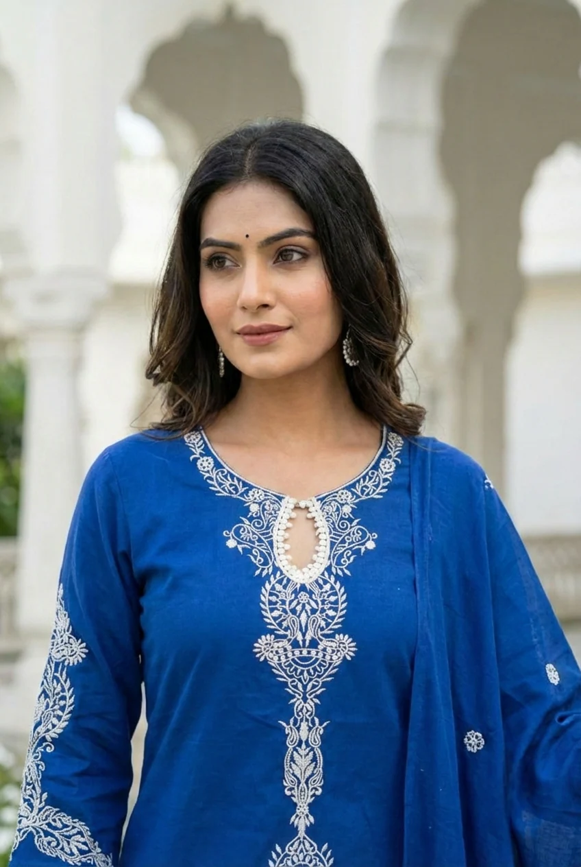 Royal Blue Cotton Embroidery Three Piece Set - Image 5
