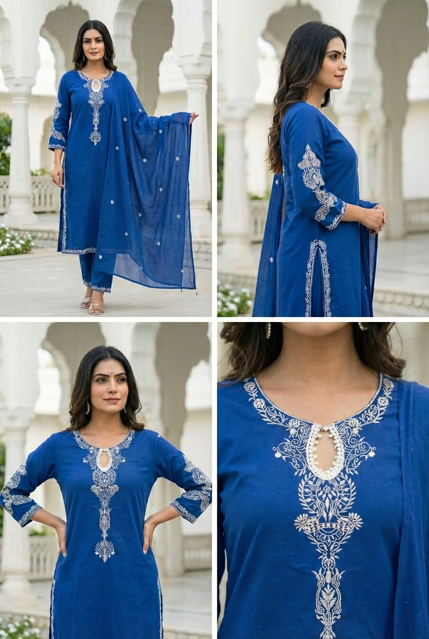 Royal Blue Cotton Embroidery Three Piece Set - Image 6
