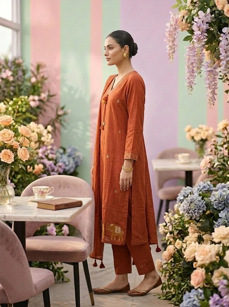 Rust Cotton Embroidery Three Piece Set - Image 3