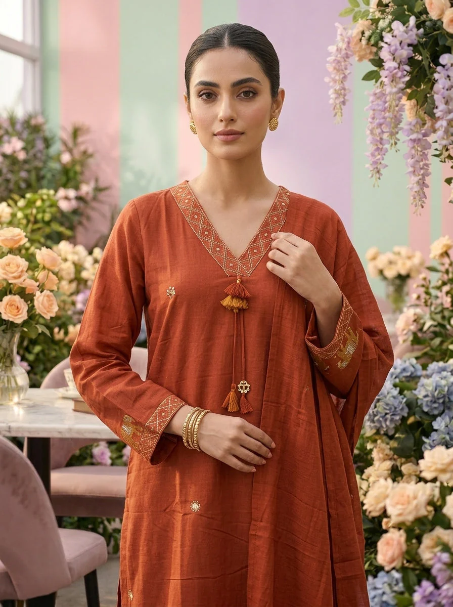 Rust Cotton Embroidery Three Piece Set - Image 4