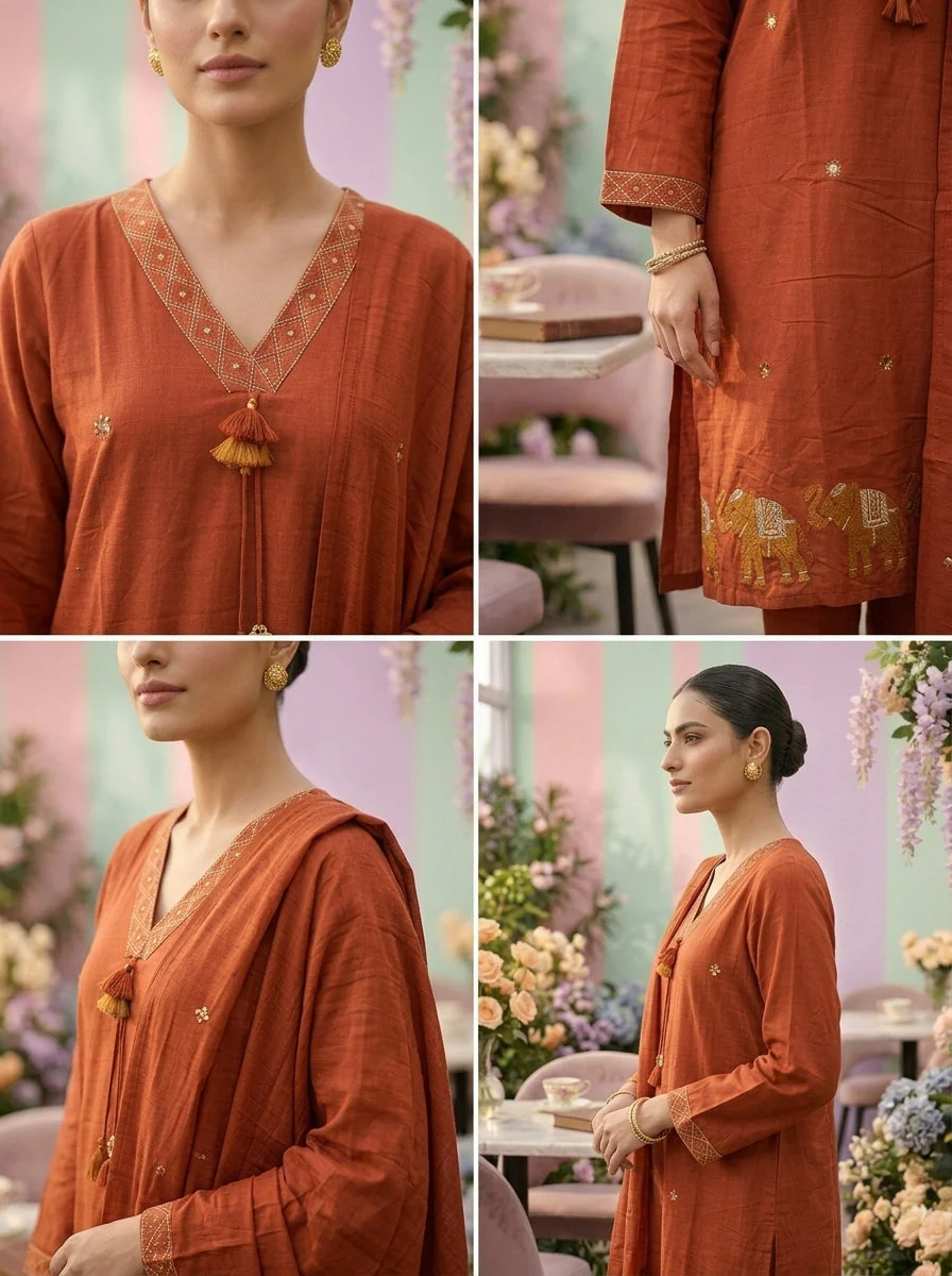 Rust Cotton Embroidery Three Piece Set - Image 5