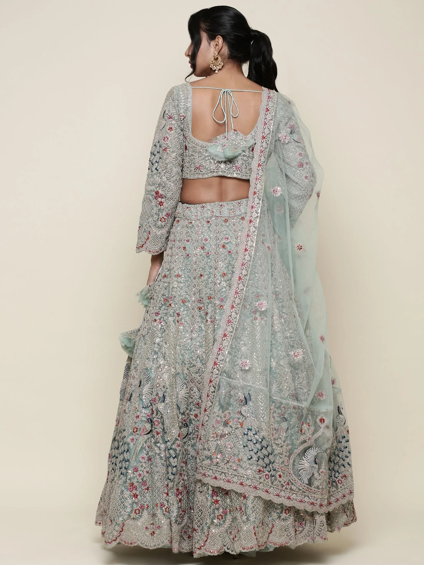 Sea green net heavy embroidered Three piece ghagra set - Image 3