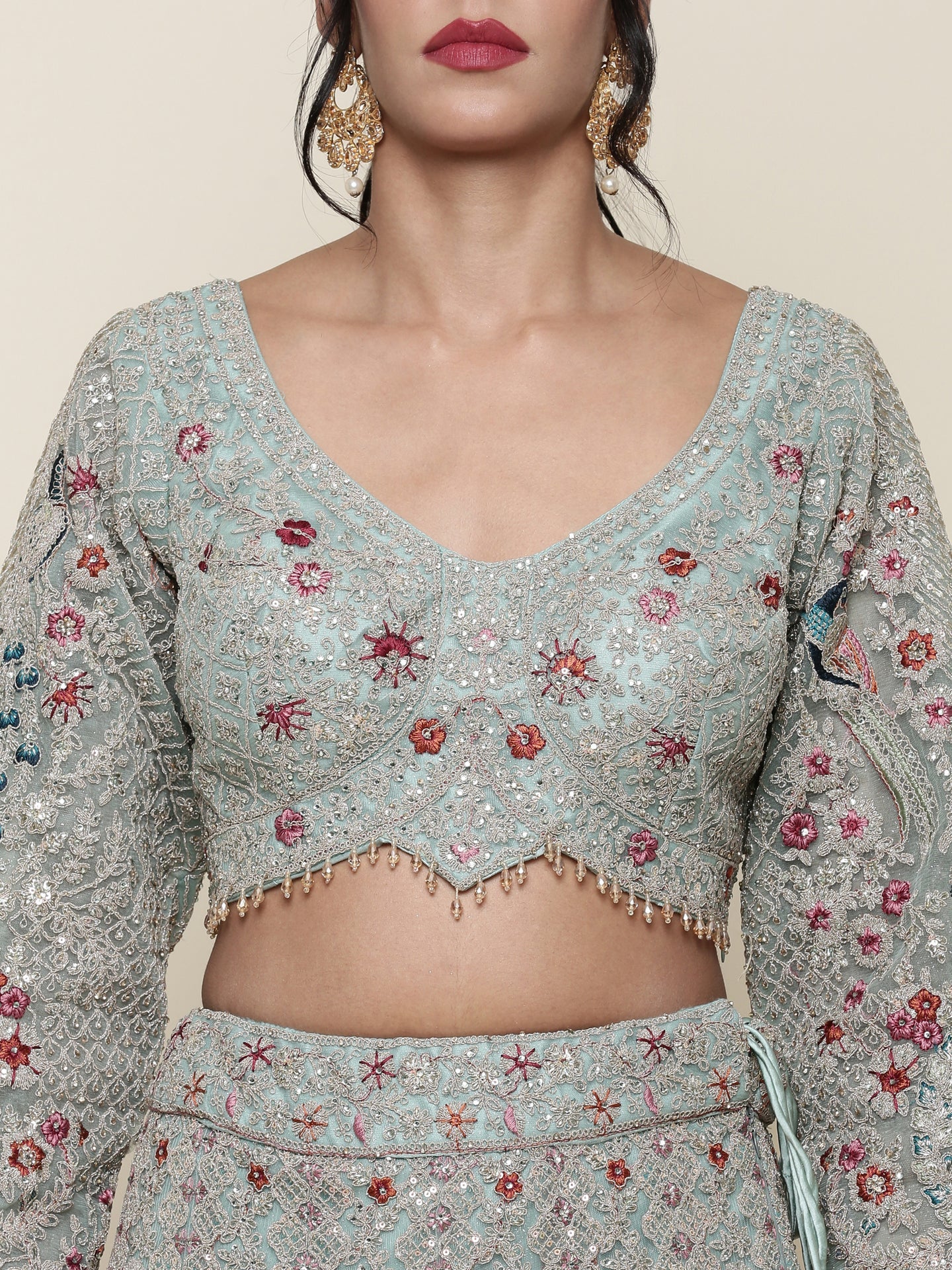Sea green net heavy embroidered Three piece ghagra set - Image 4
