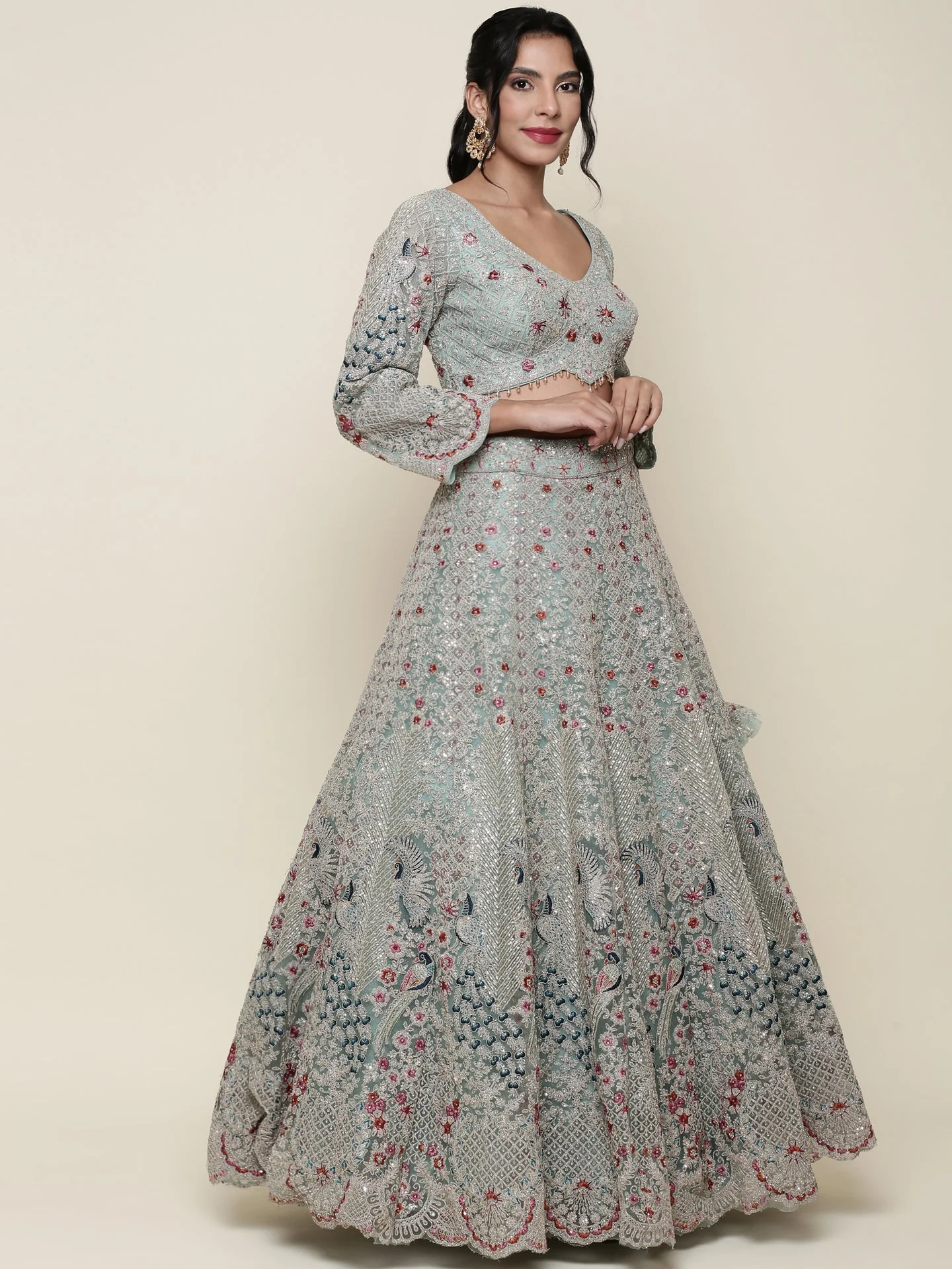 Sea green net heavy embroidered Three piece ghagra set - Image 5