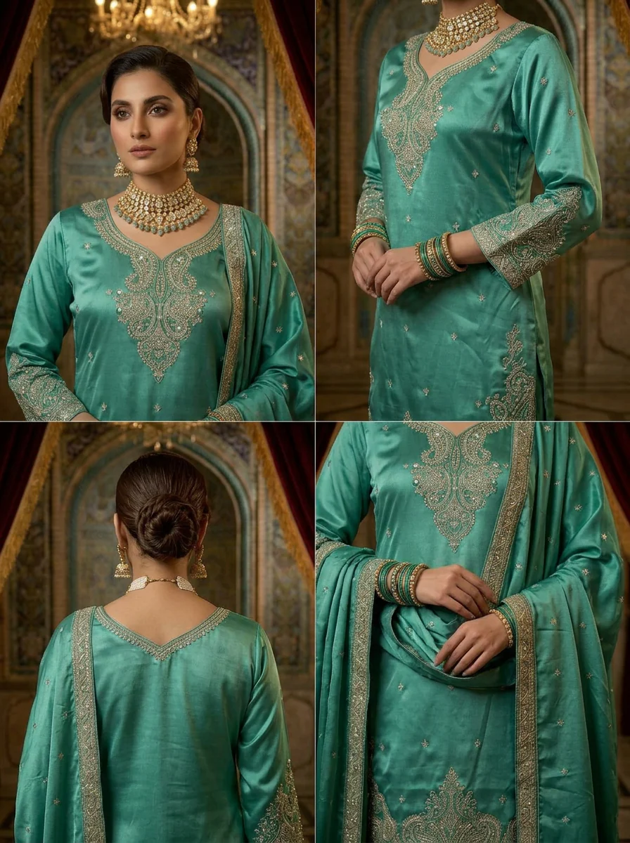 Sea Green Silk Embroidery Palazzo Set With Dupatta - Image 3
