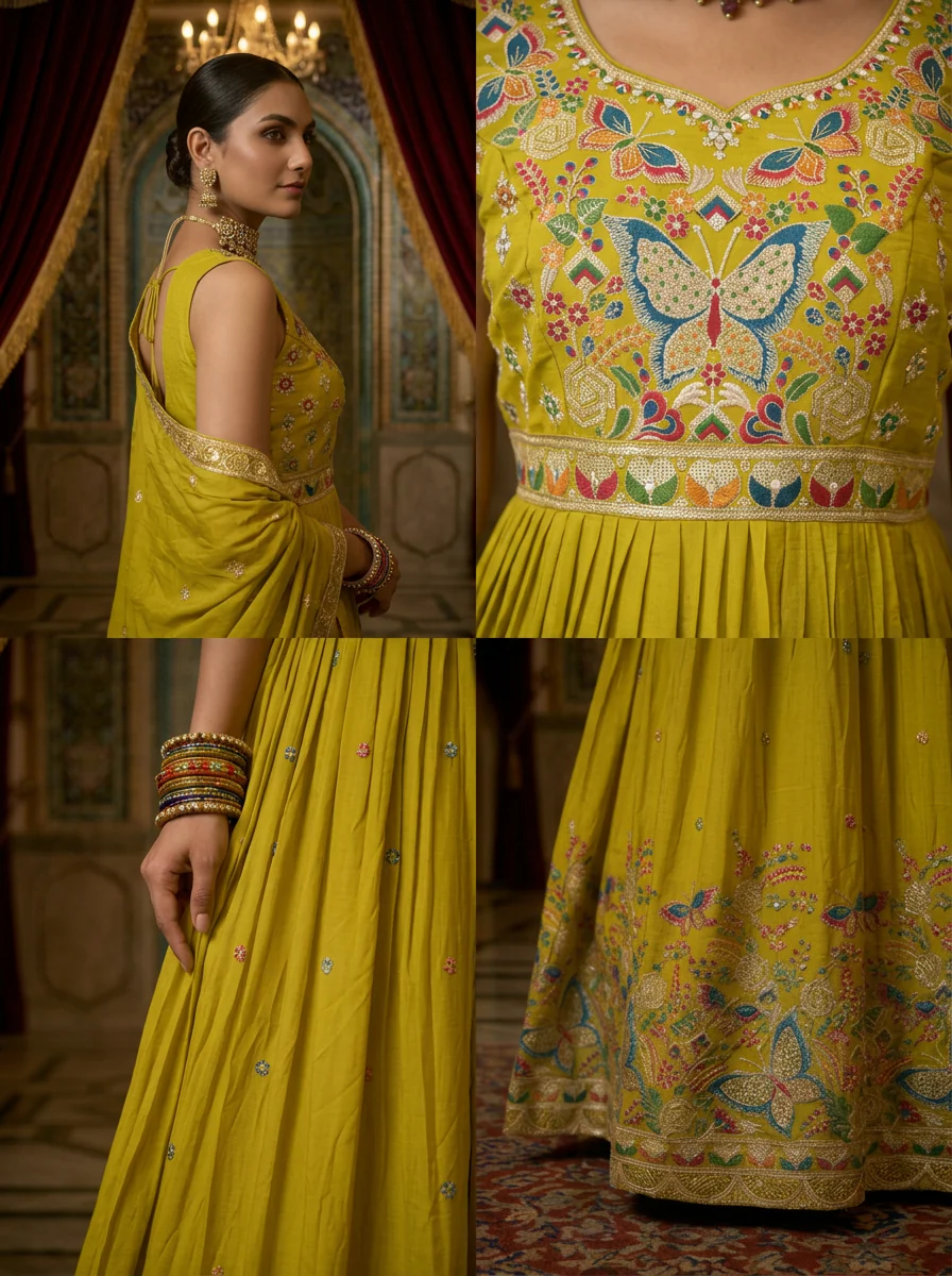 Variyali Green Chinon Floral Thread Embroidery Anarkali Set With Dupatta - Image 3